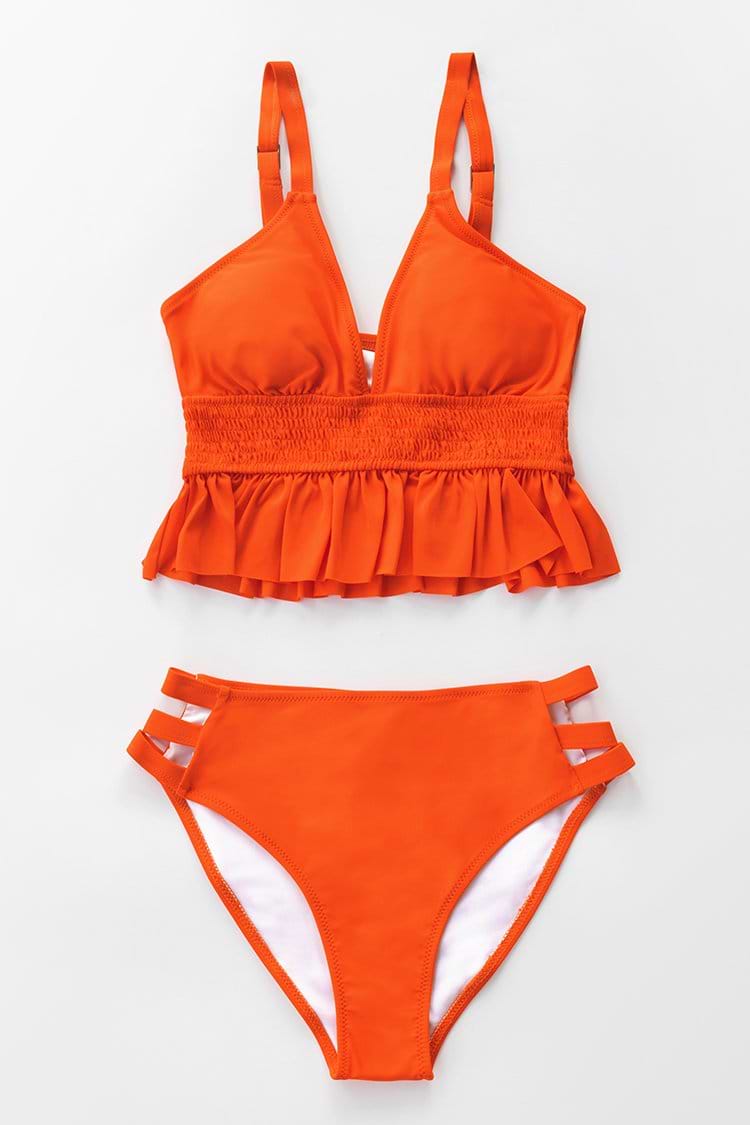 Orange Smocked Ruffle Bikini