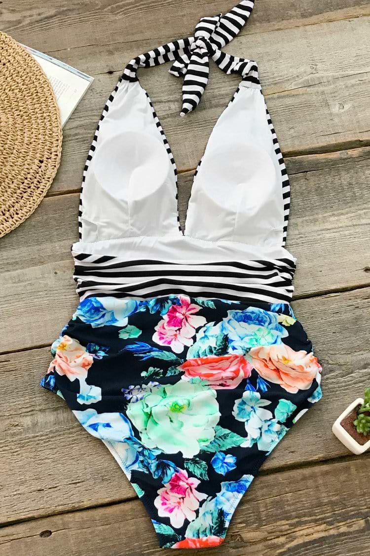 Schwarze Streifen und Blumen Badeanzug