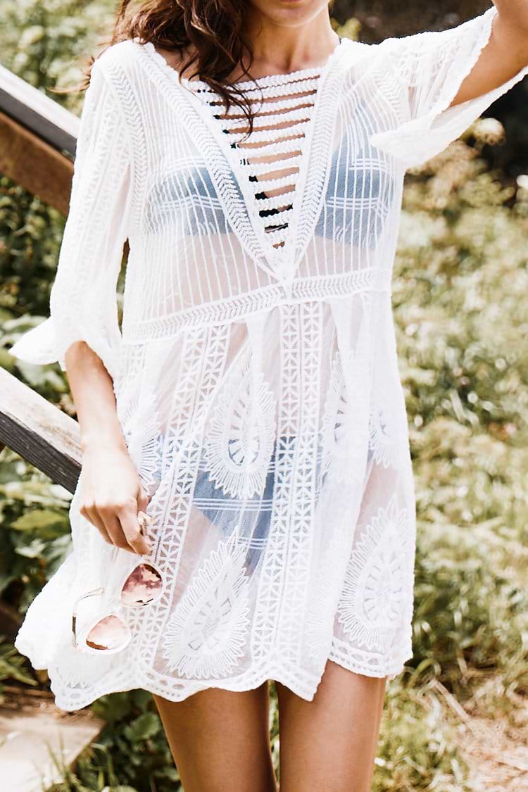 Weißes tiefer Hornärmel mit V-Ausschnitt Cover Up