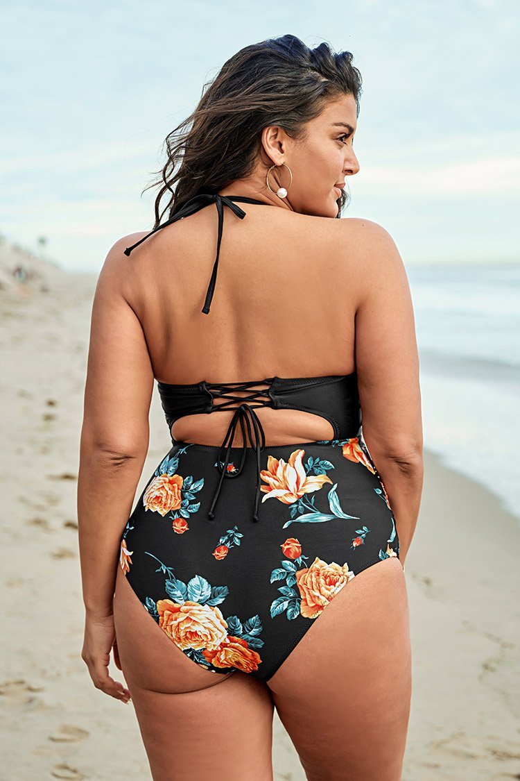 Schwarzer Neckholder Große Größen Badeanzug