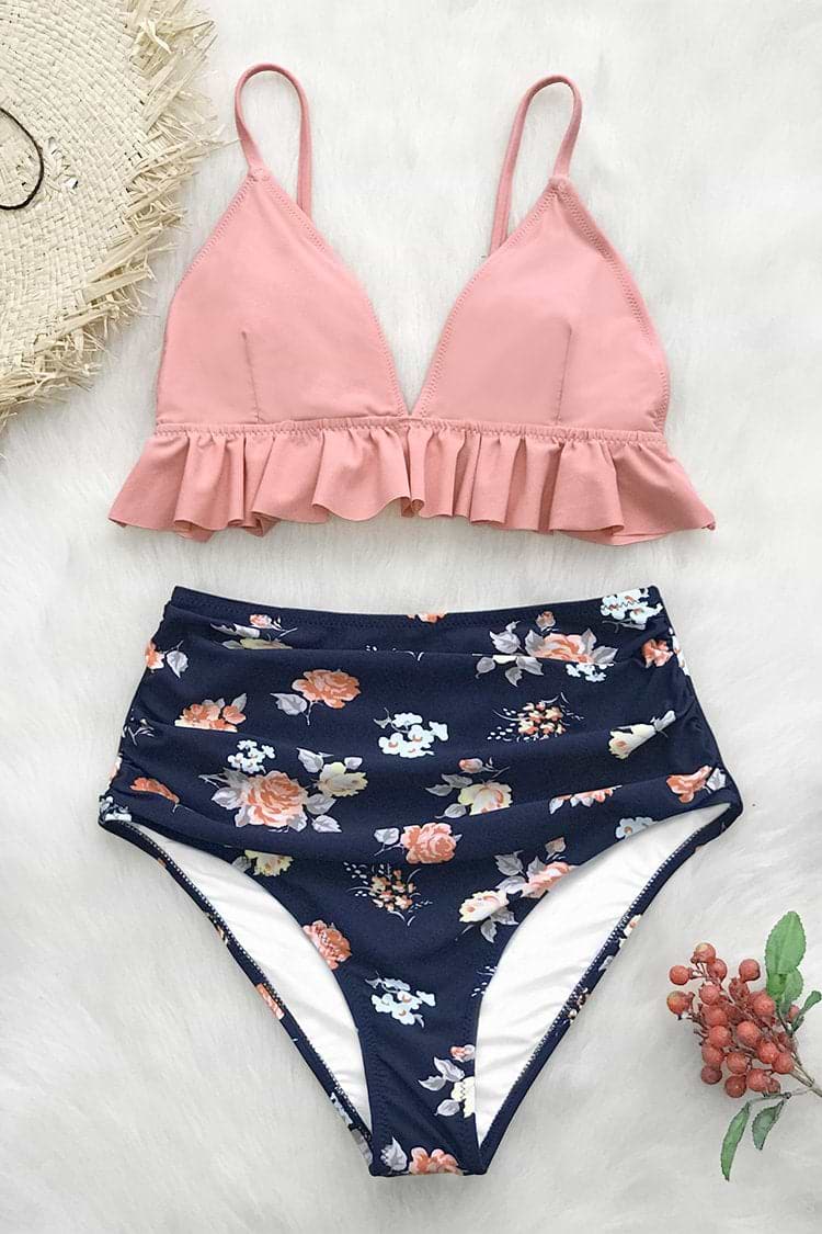 Rosa und Floral gekräuselt High-Waist Bikini