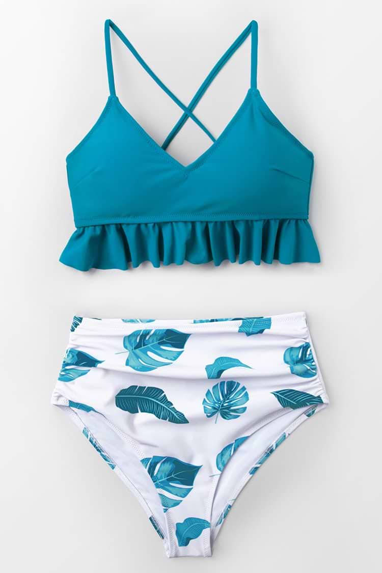 Blau Und Blattdruck Passe Bikini