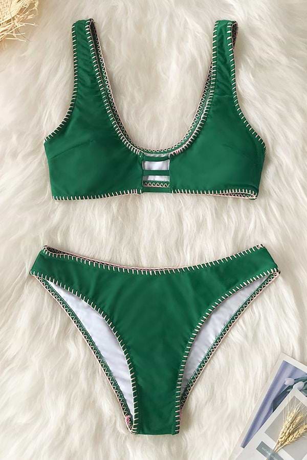 Grüner Crochet Trim Riemchen Bikini
