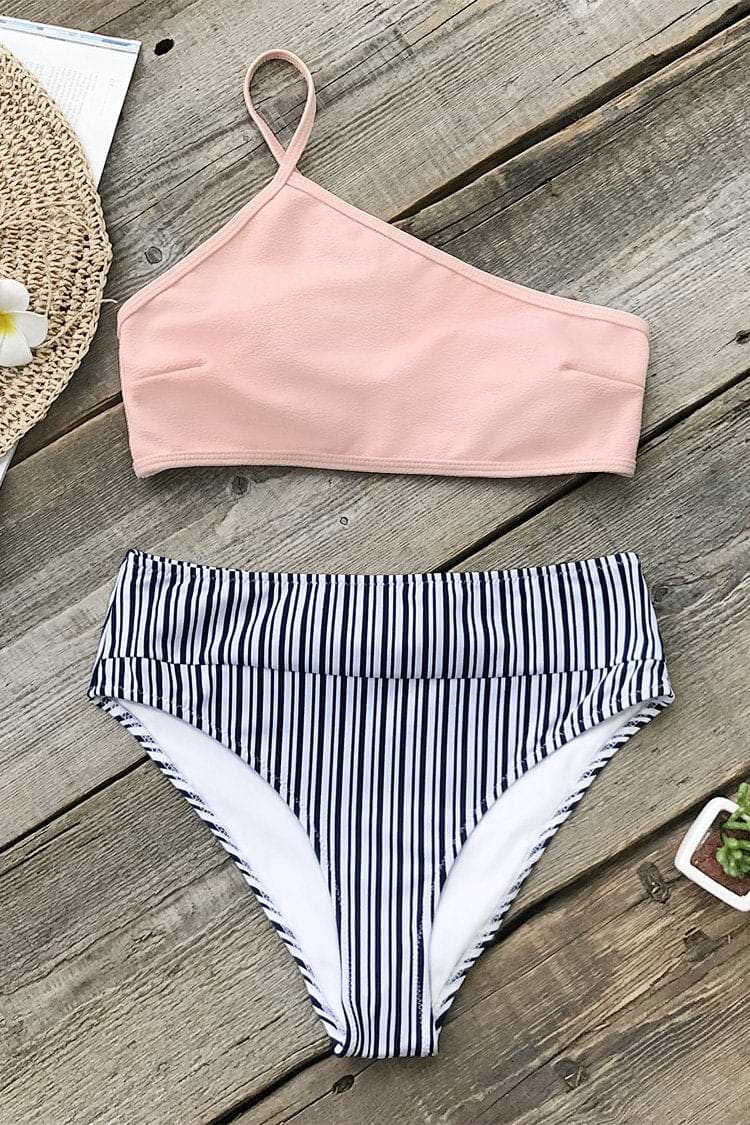 Rosa Weiß und Blau High-Waist Bikini