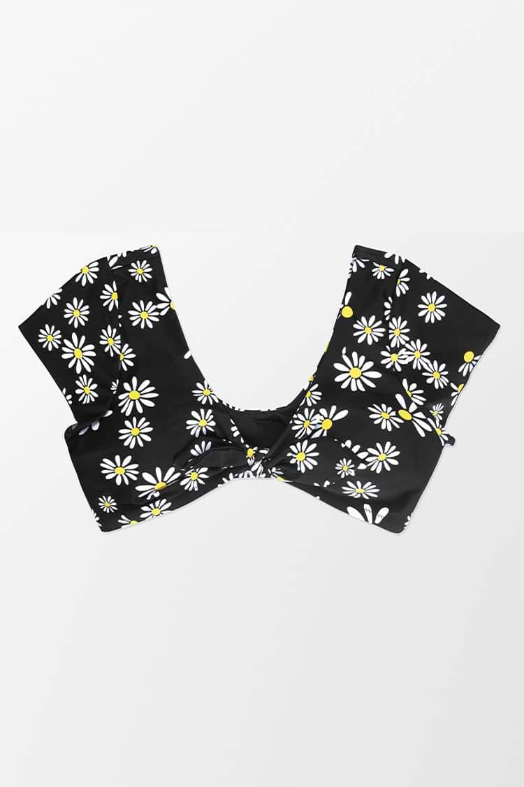 Top de bikini para tallas grandes de manga corta con nudo de orejas de conejito Lucia Ditsy