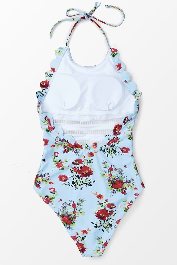 Hellblau und Rot Floral Neckholder Badeanzug