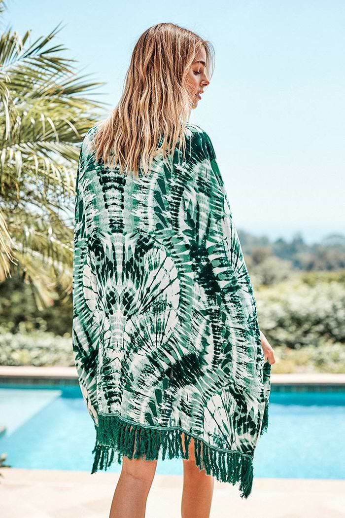 Grüne Tie Dye Cover Up mit Fransen