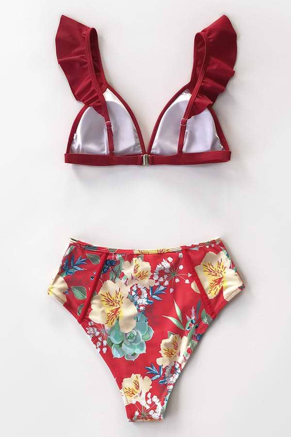 Roter Blumenrüschen-Bikini