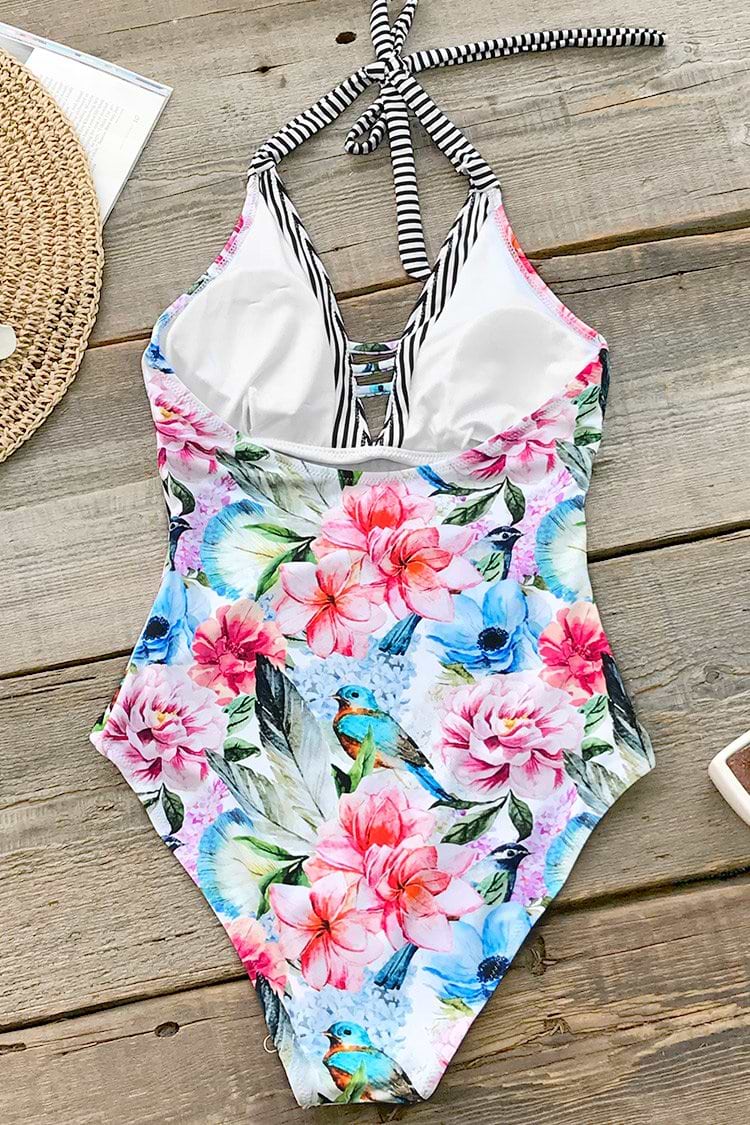 Blumen und Vögel Streifen Badeanzug