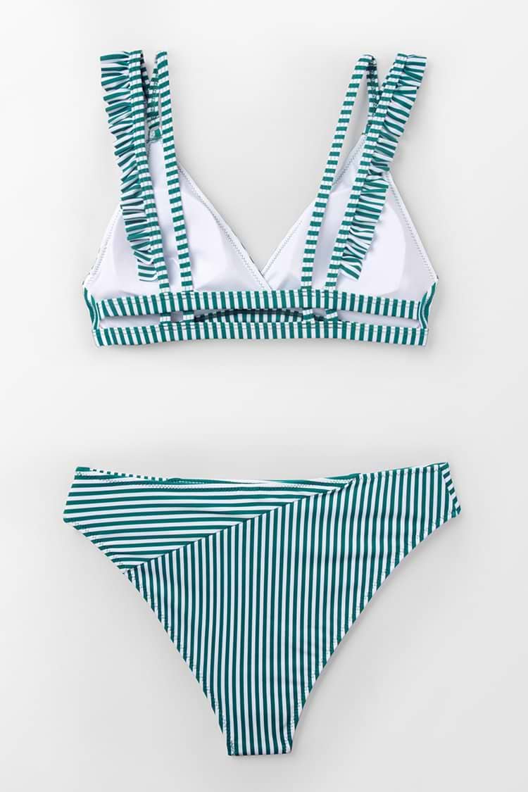 Cyan Und Weiß Streifen Doppelriemen Bikini