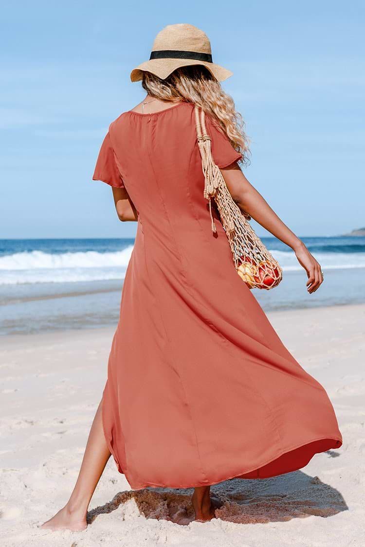 Vestido largo Guadalupe con abertura y botones de manga corta