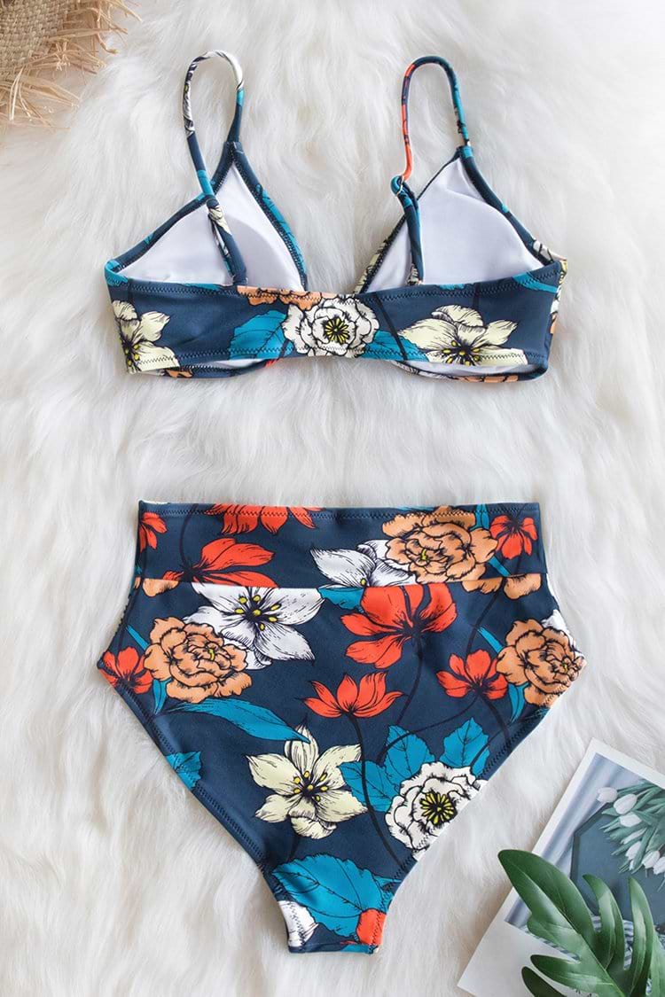 Dunkelblauer Blumen High-Waisted Bikini