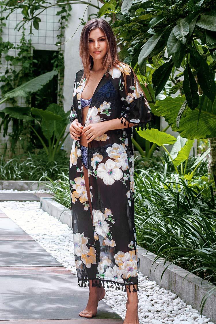 Schwarzer Blüten-Blumen-Cover Up