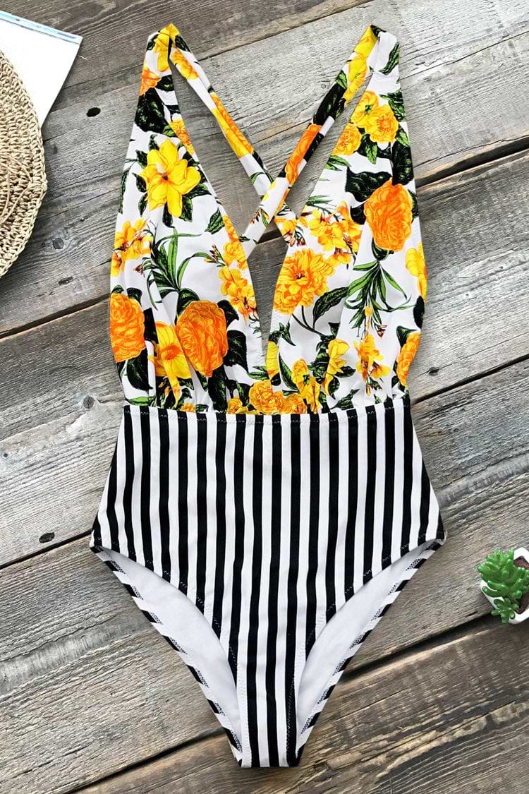 Gelbe Blumen und Schwarze Streifen Badeanzug
