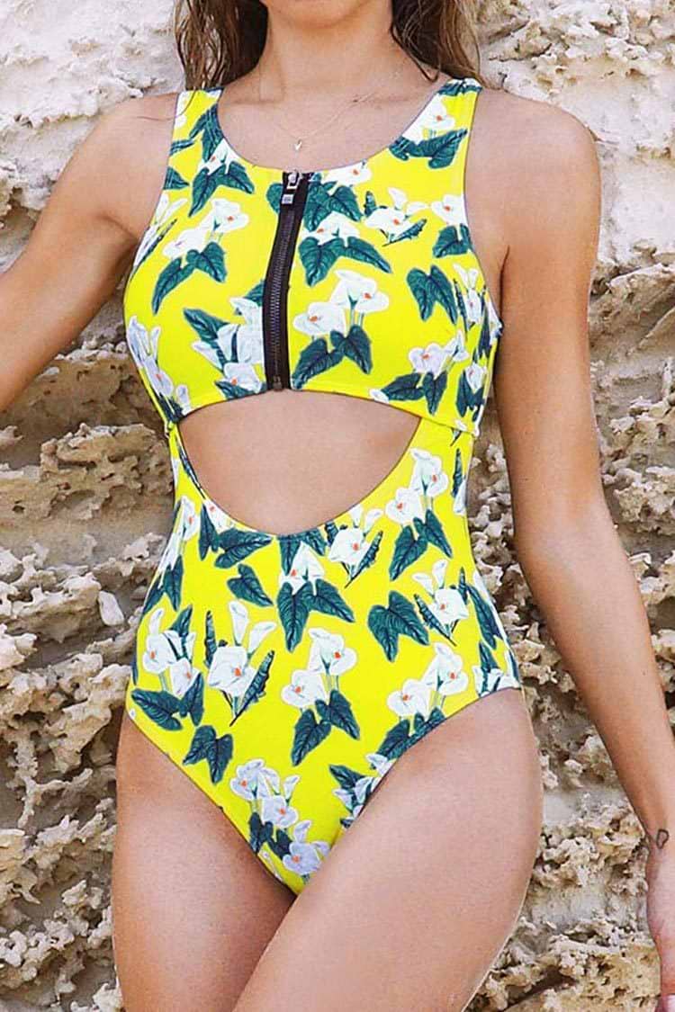 Gelber Badeanzug mit Reißverschluss und Blumenmuster
