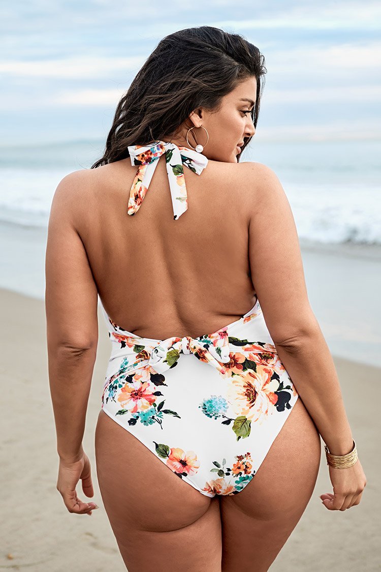 Tiefer V Floral Große Größen Badeanzug