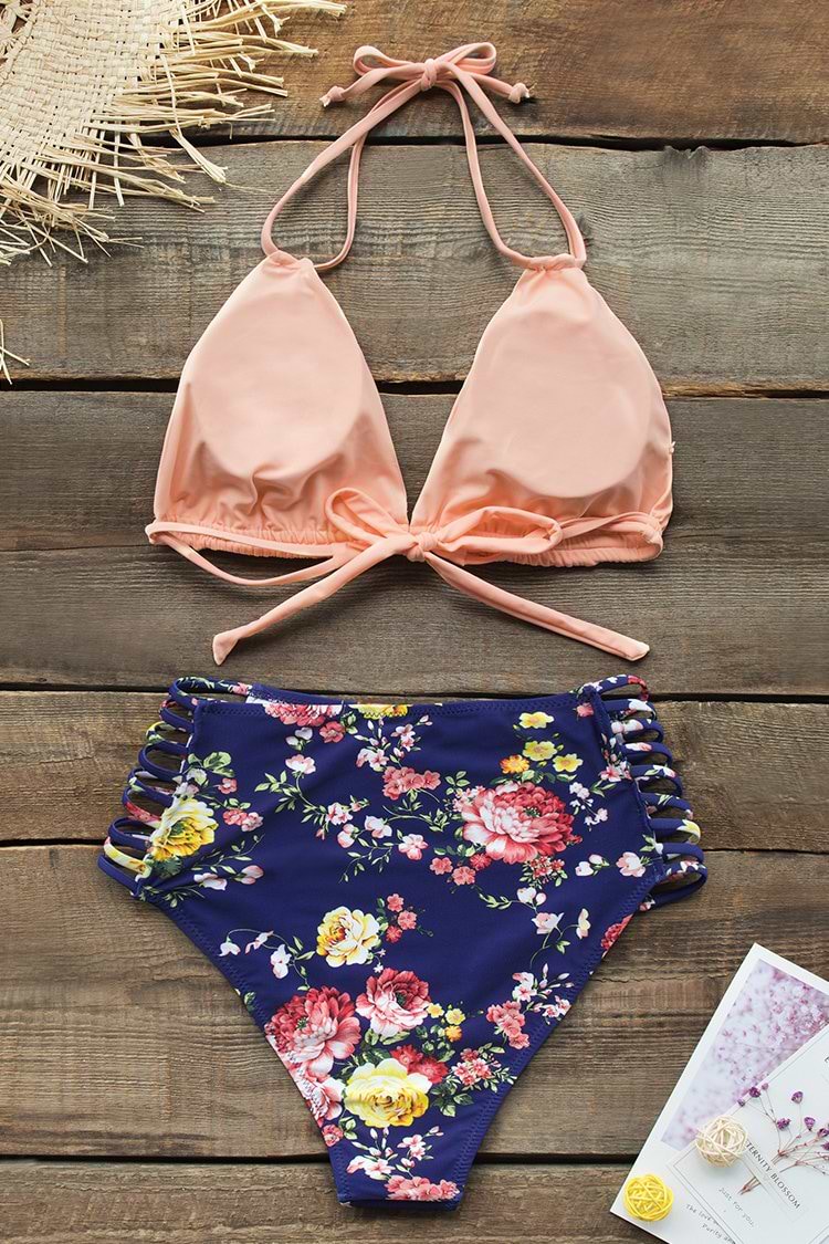Rosa und Blumen Neckholder High Waiste Bikini