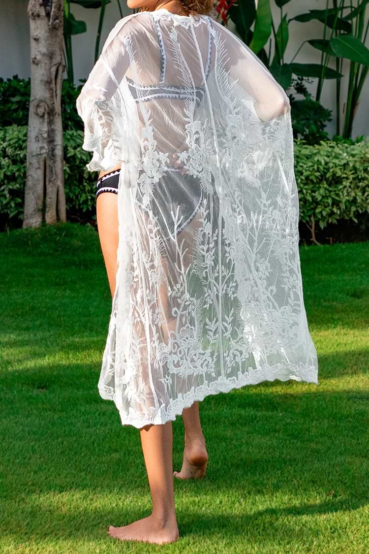 Weißer Boho-Blume Lange-Kimono