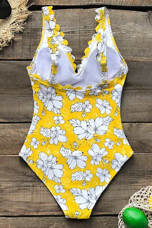 Gelber Floral Print Scallop Badeanzug