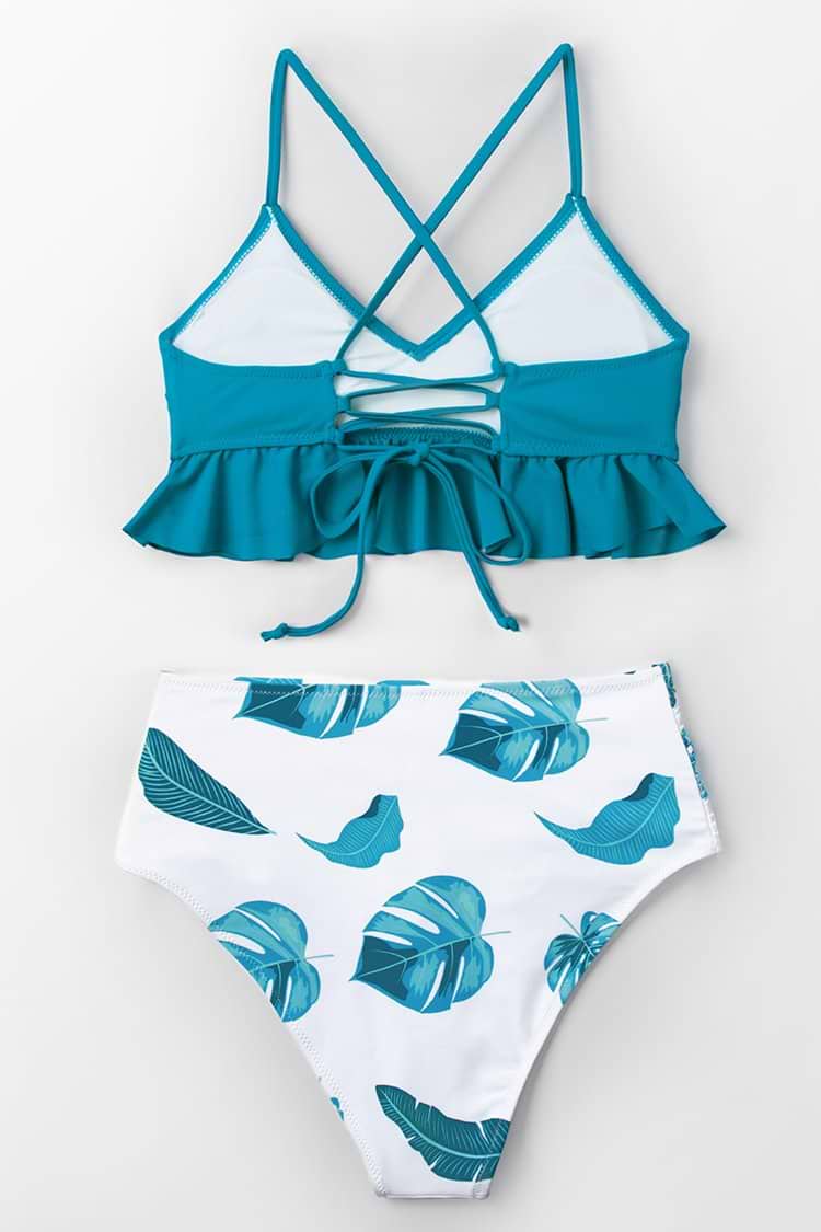 Blau Und Blattdruck Passe Bikini