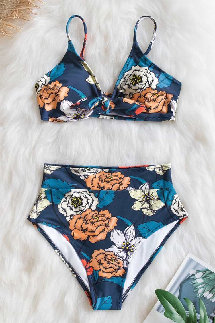 Dunkelblauer Blumen High-Waisted Bikini