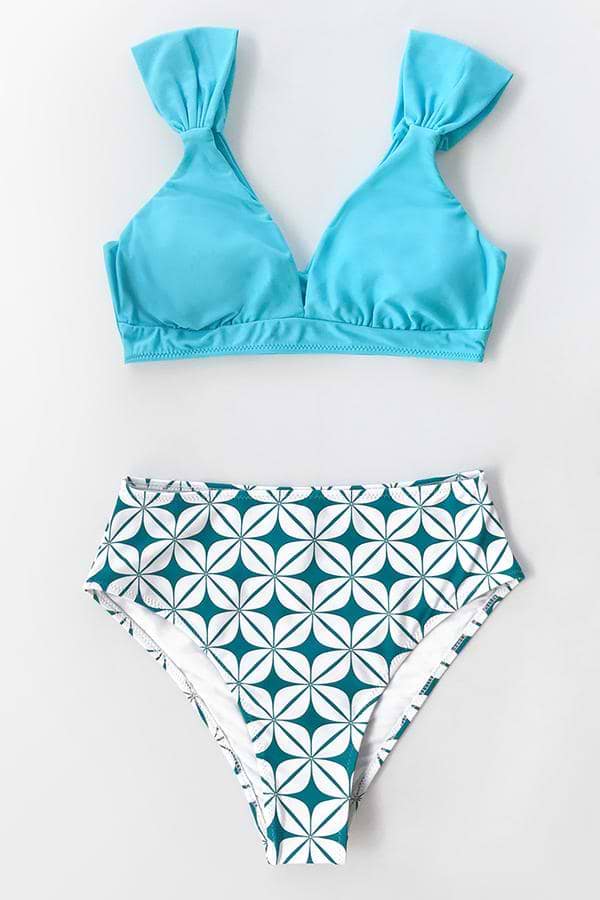Blauer geometrischer Bikini mit V-Ausschnitt