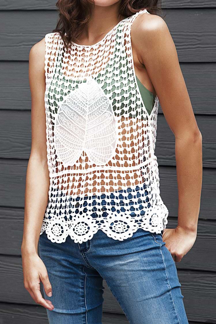 Weißes kurzes Blattmuster Cover Up