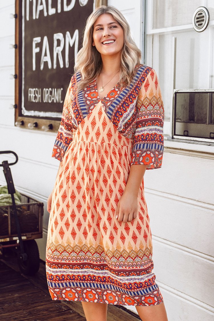Boho Print V-Ausschnitt Große Größen Kleid