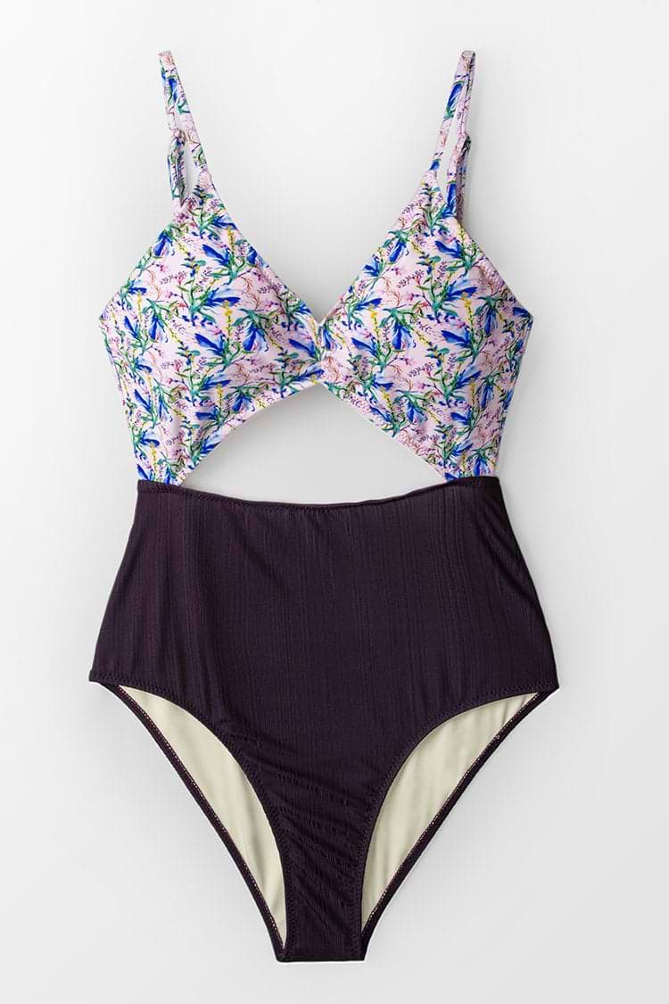 Lila Blumen Cut-Out Badeanzug
