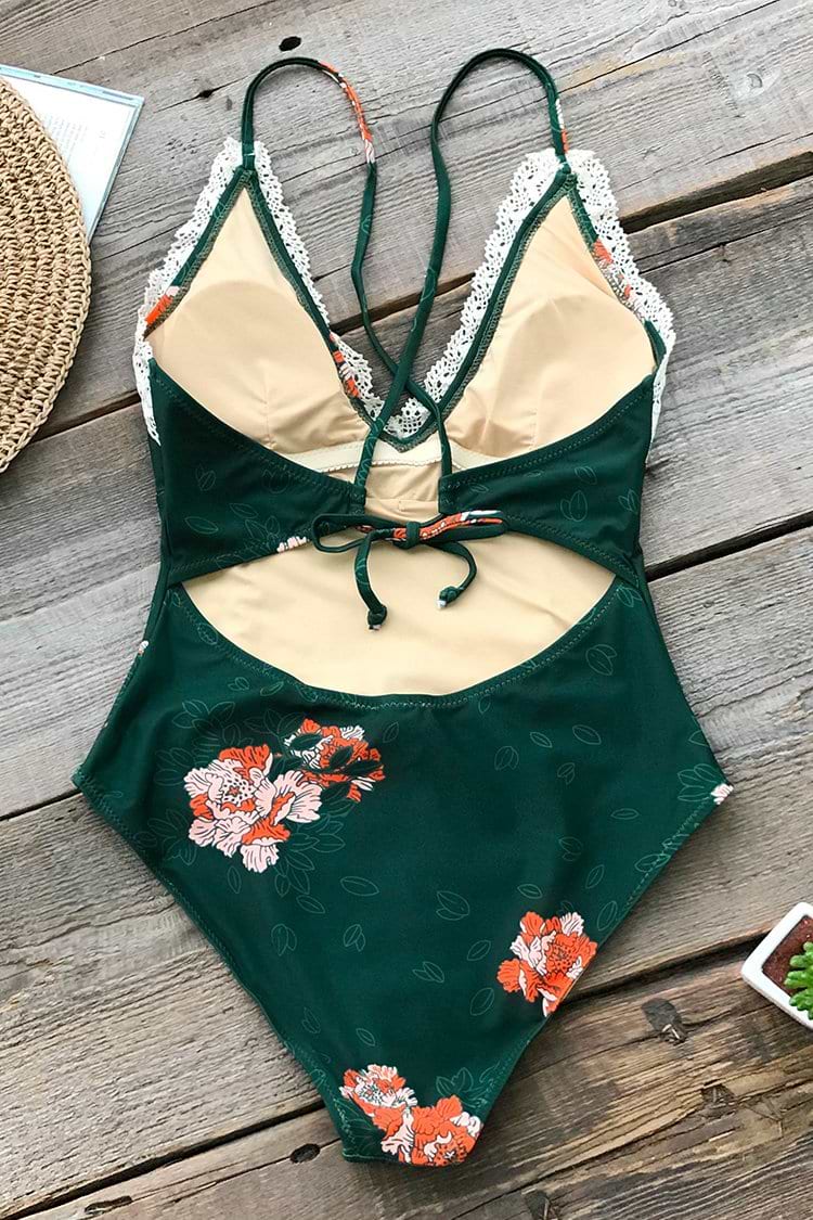 Dunkel Grün Blumen Badeanzug