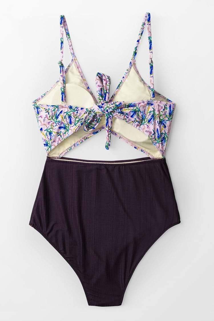 Lila Blumen Cut-Out Badeanzug