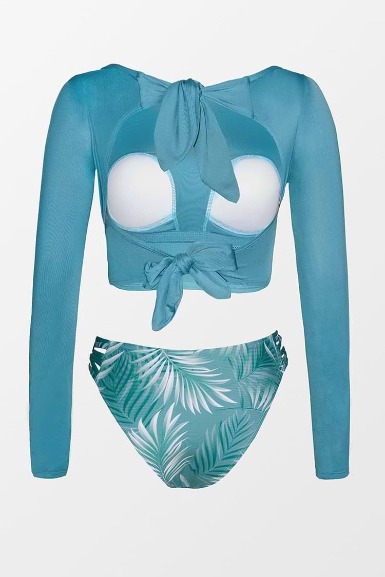 Tankini de manga larga con un nudo en la parte de la espalda con estampado tropical Justine