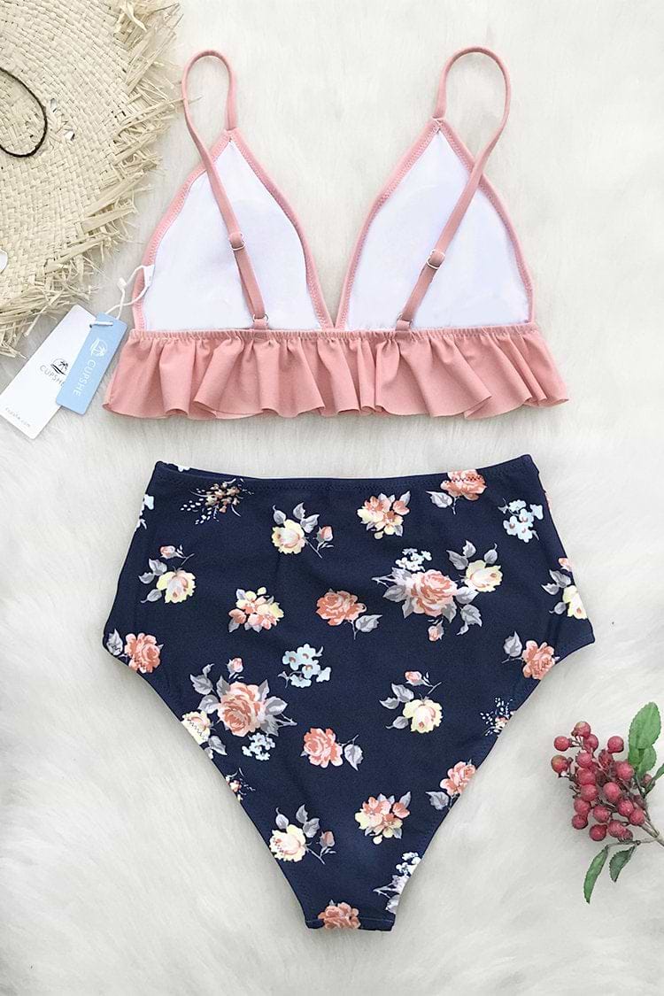 Rosa und Floral gekräuselt High-Waist Bikini