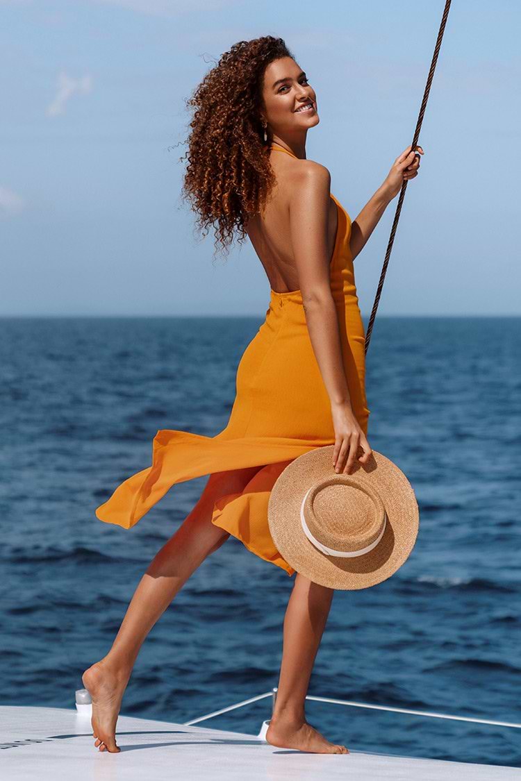 Vestido largo hasta las rodillas dividido con espalda descubierta naranja Haleigh