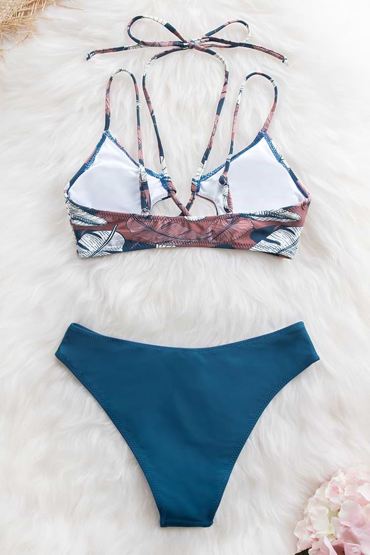 Palm Print und Navy Riemchen Bikini