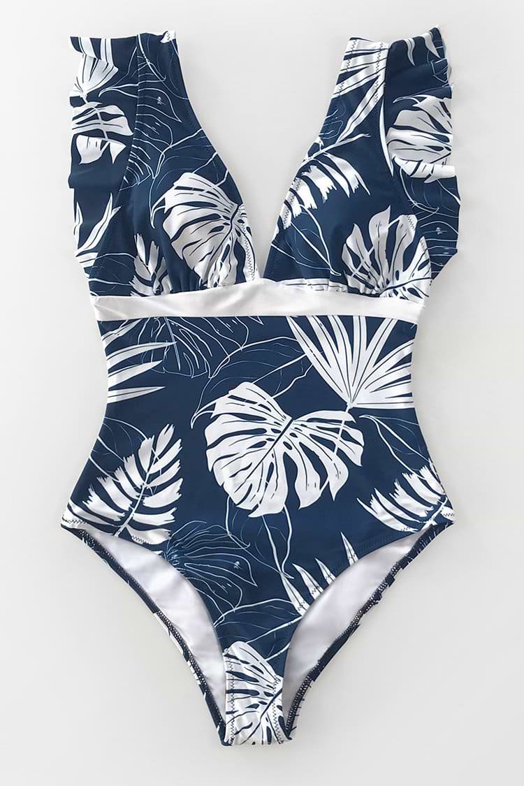 Badeanzug mit Rüschen und dunkelblauem Blattmuster