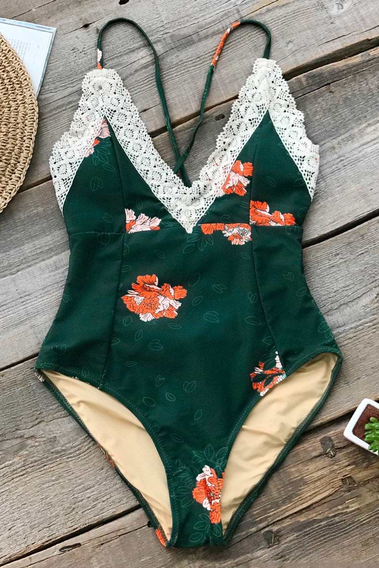 Dunkel Grün Blumen Badeanzug