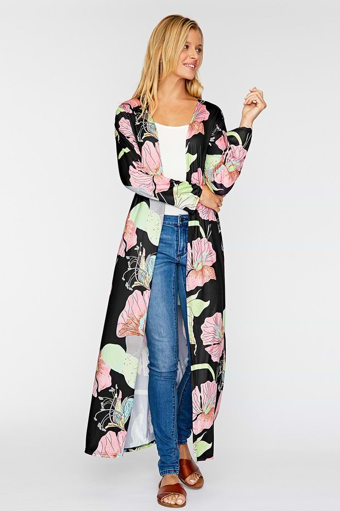 Schwarz und Pink Floral Print lange Cover Up