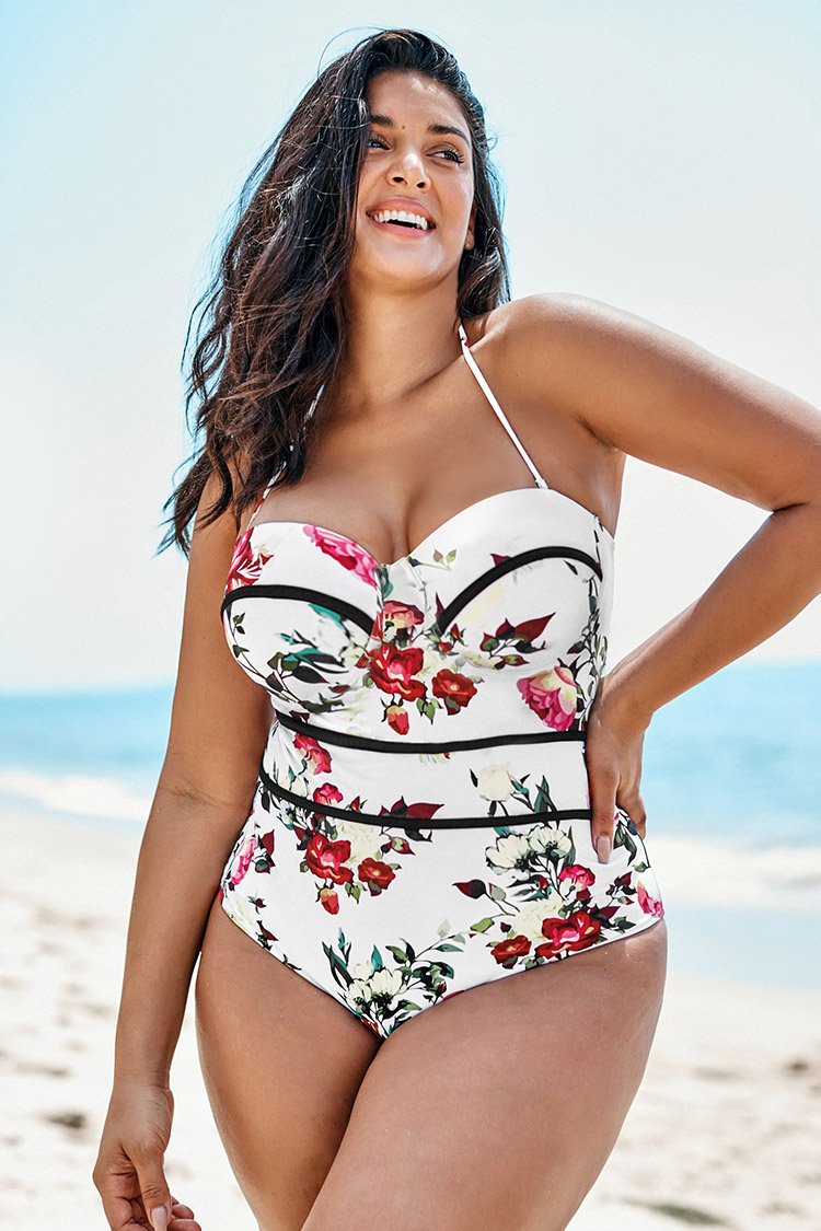 Floral V-Ausschnitt Große Größen Badeanzug