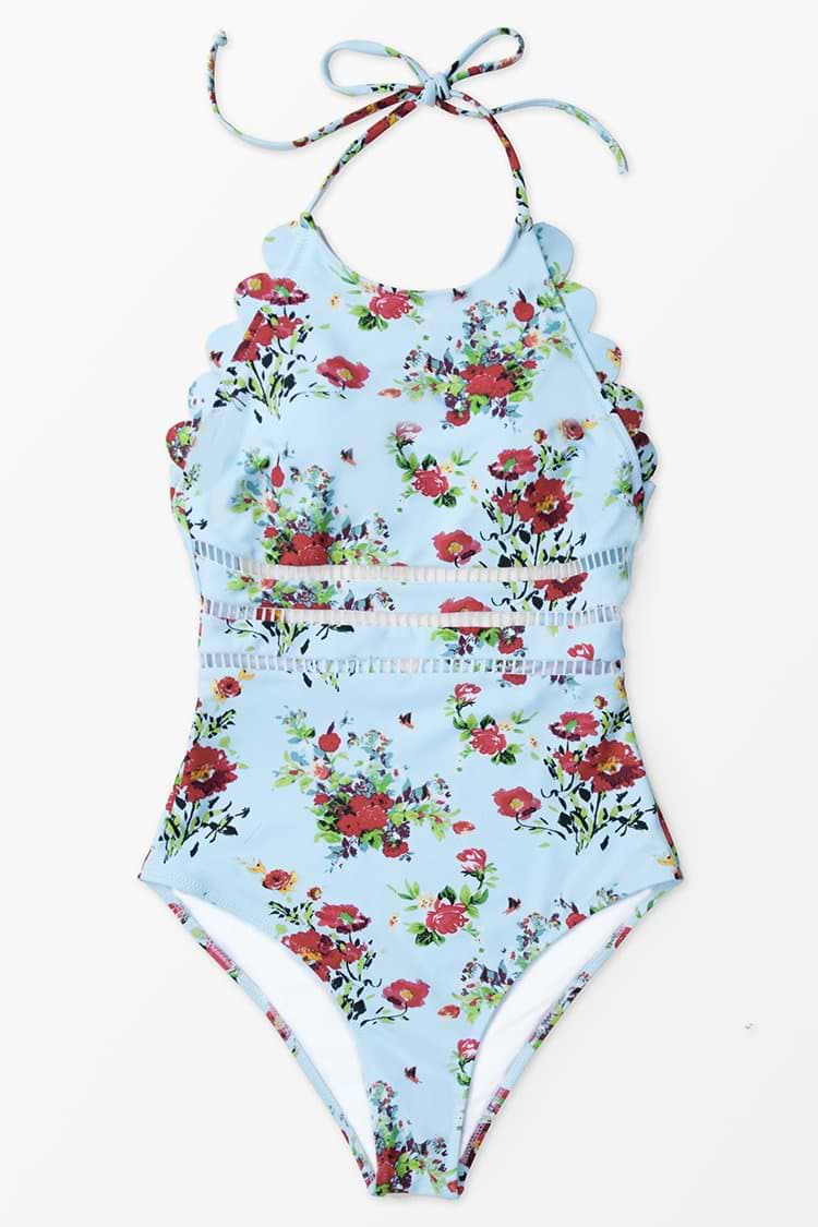 Hellblau und Rot Floral Neckholder Badeanzug