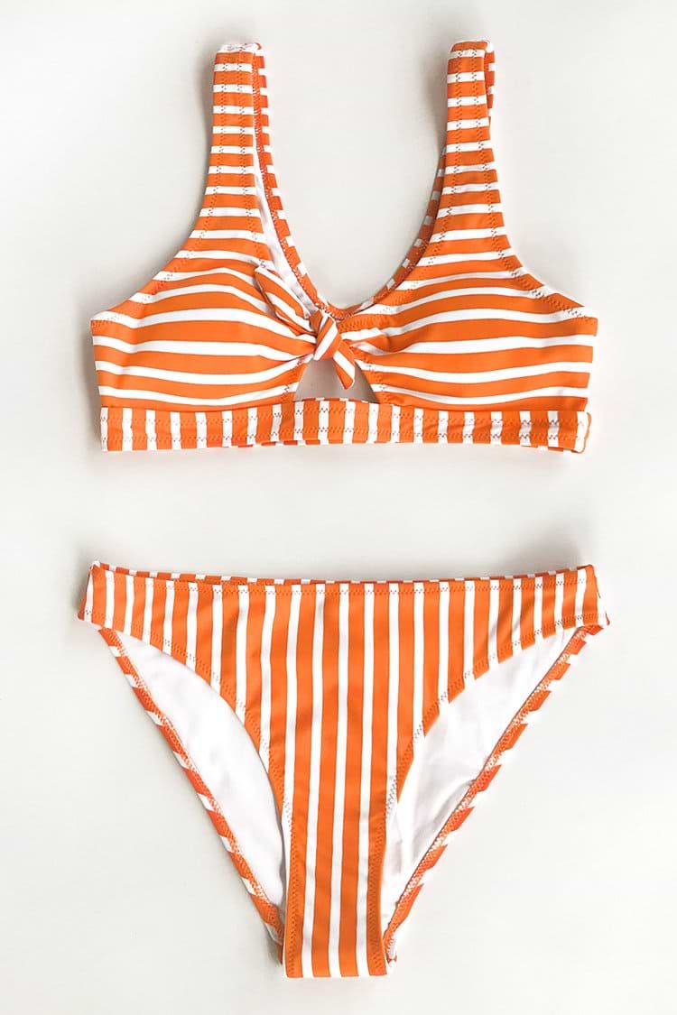 Orange und Weiße Streifen Bikini Oberteil mit Bowknot