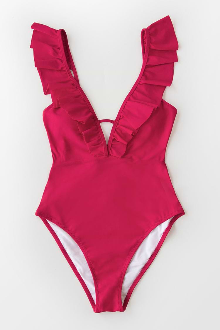 Badeanzug mit rotem Rüschen und tiefem Ausschnitt