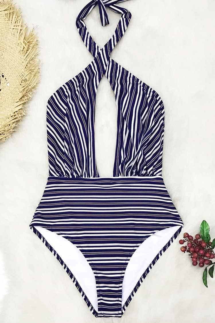Blau Streifen Wickel Badeanzug