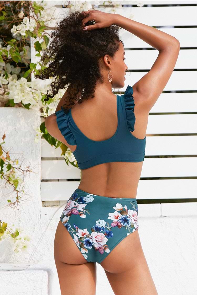Rüschen Bikini-Set mit V-Ausschnitt und High Waist