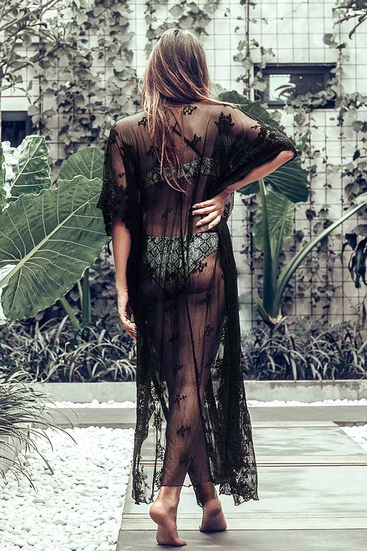 Schwarze Spitze häkeln Maxi Cover Up