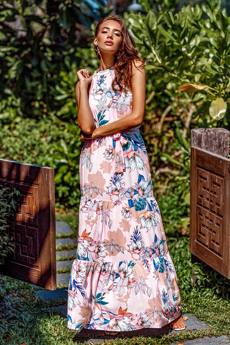 Maxikleid mit hohem Hals und Blumen-Muster