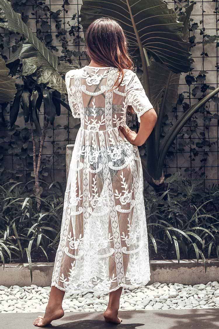 Weiße Spitze V-Ausschnitt lange Cover Up