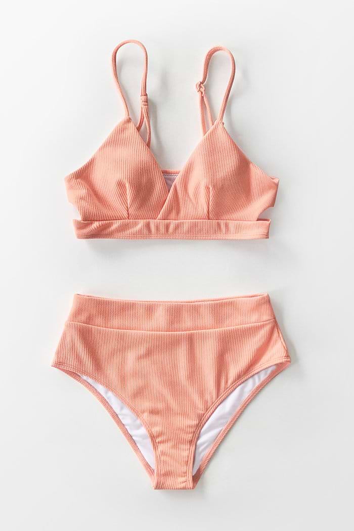 Pfirsichfarbener orange gerippt Ausschnitt High-Waisted Bikini