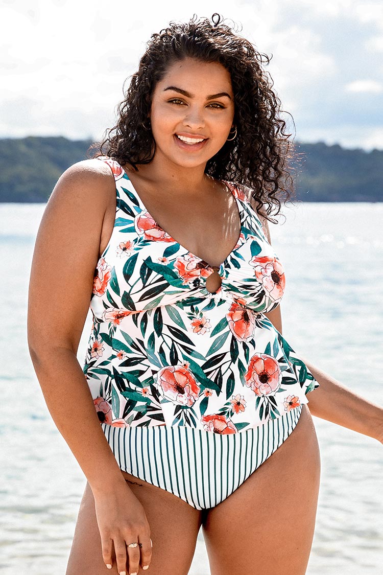 Große Größen Bikini-Set mit Streifen und Blumen-Muster