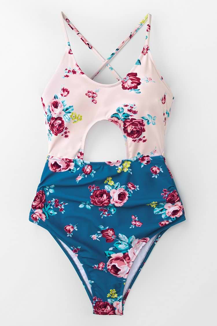 Rosa und Blau Badeanzug mit Blumenmuster